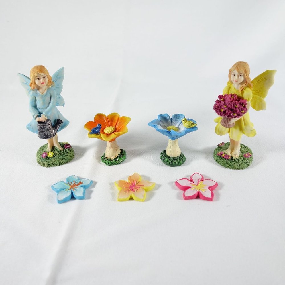 Miniature Garden Fairies Birdbaths Flowers Figurines Resin 7 Piece Set